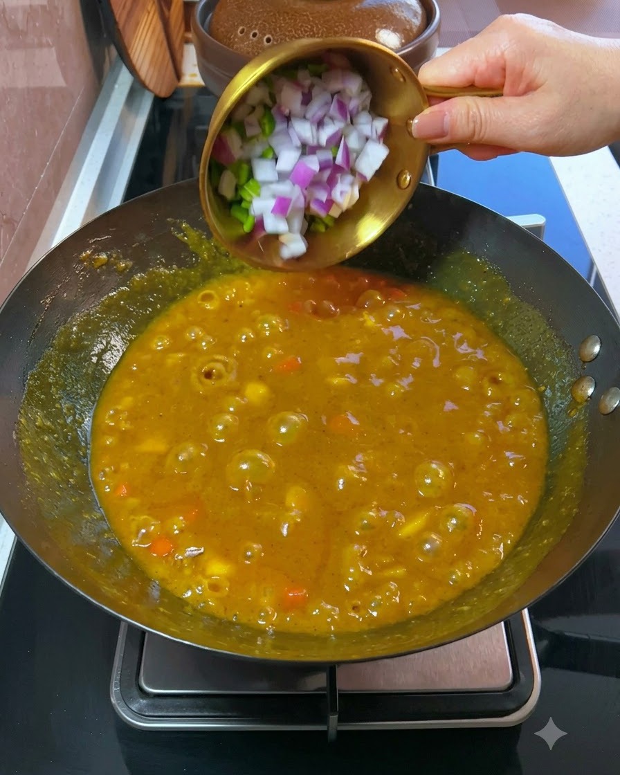 De la ciboule hachée et de loignon rouge sont ajoutés à une sauce au curry épaisse et bouillonnante dans le wok.cite: 1
