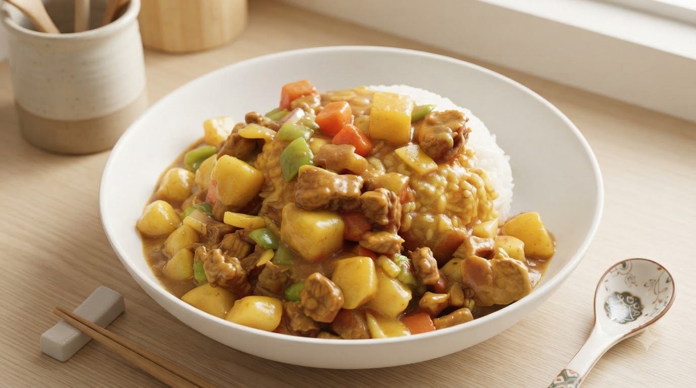 Un bol réconfortant de curry de porc japonais avec des pommes de terre et des carottes fondantes, servi sur un lit de riz blanc moelleux.cite: 1