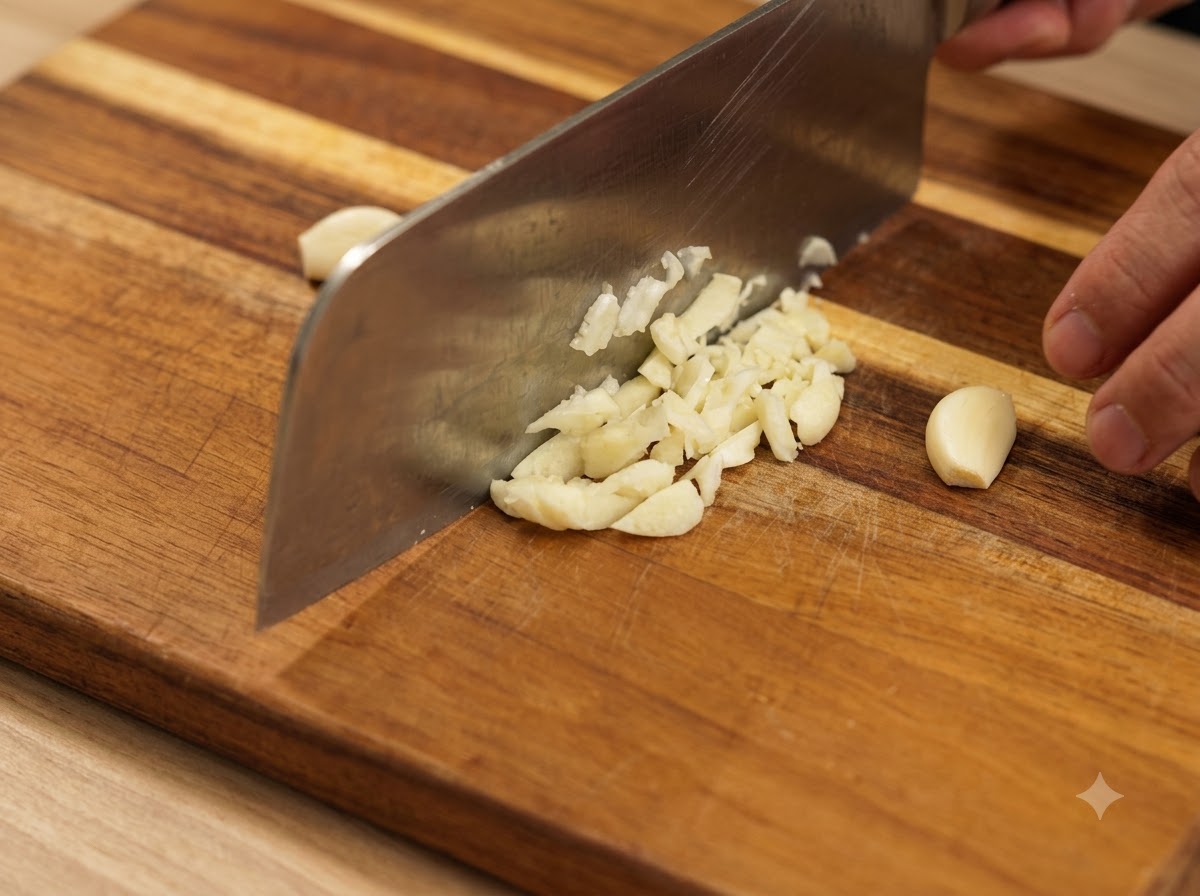 Un bloc de curry coupé en fines tranches sur une planche à découper en bois.