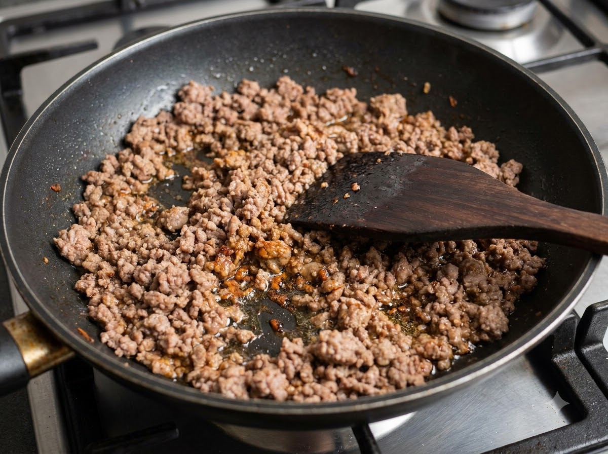 Du porc haché en train dêtre sauté dans une poêle noire avec une spatule en bois.