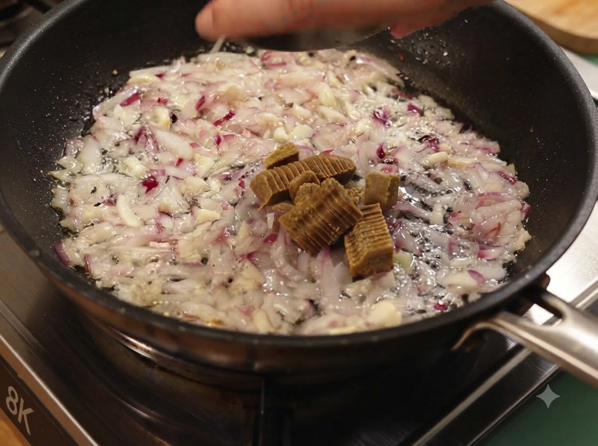 Des blocs de curry tranchés ajoutés aux oignons et à lail cuits dans une poêle.