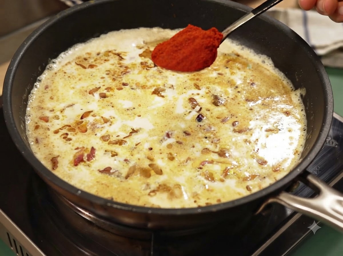Une cuillère de poudre de paprika doux rouge tenue au-dessus de la sauce au curry crémeuse.