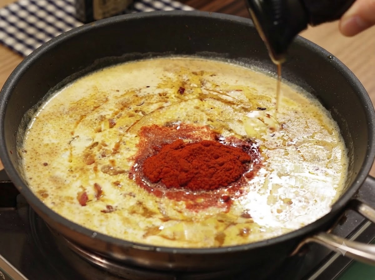 De la sauce dassaisonnement liquide foncée versée dune louche dans une sauce au curry bouillonnante.