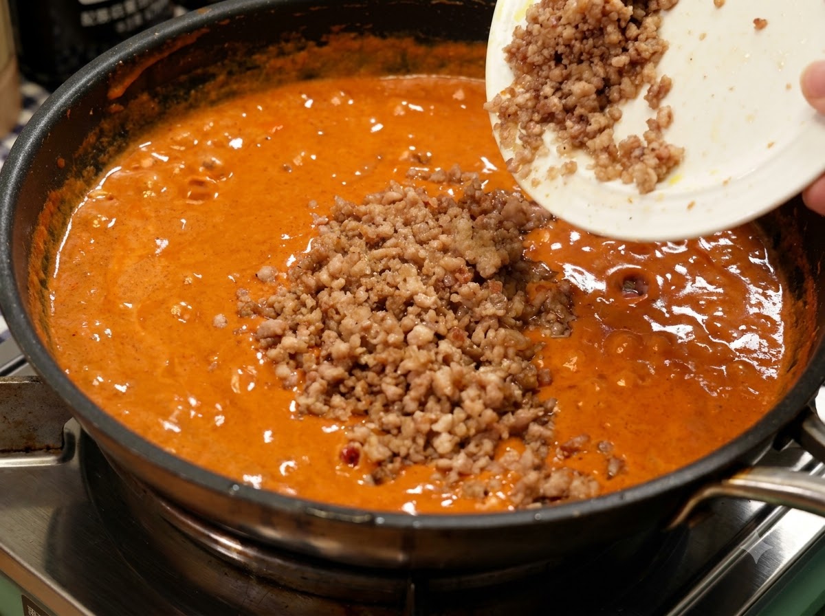 Du porc haché cuit versé dune assiette blanche dans une poêle de sauce au curry orange riche.