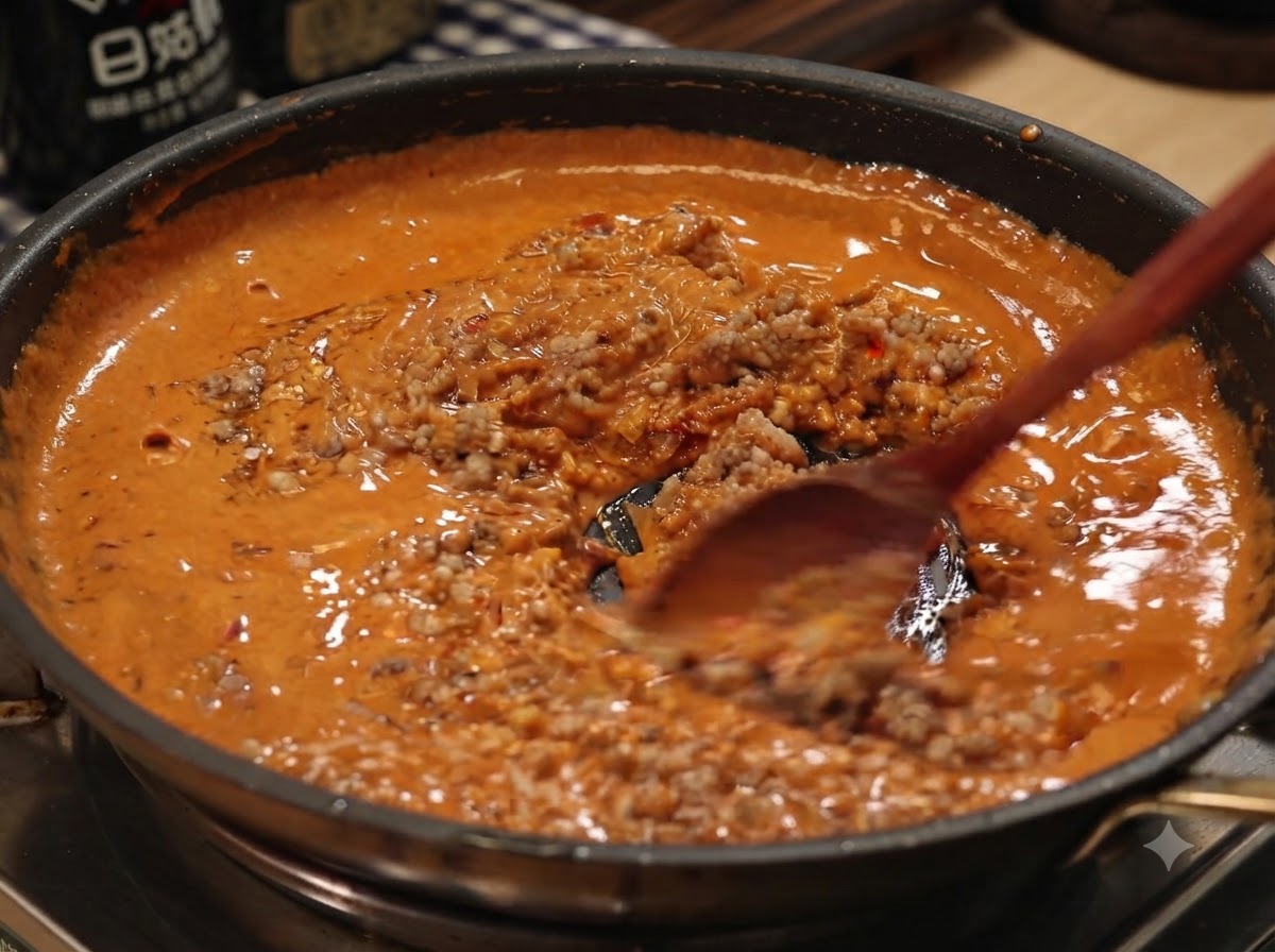 Une cuillère en bois mélangeant du porc haché cuit dans une sauce au curry orange riche dans une poêle à frire.