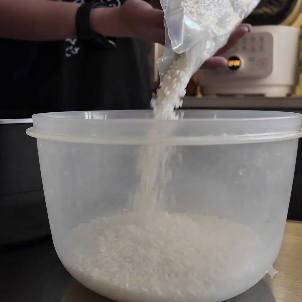 Une personne verse des grains de riz blanc cru depuis un sachet dans un bol transparent.