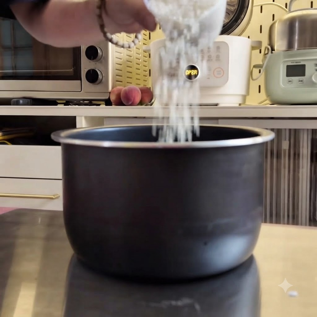 Une personne verse du riz blanc lavé dans la cuve antiadhésive dun cuiseur à riz.