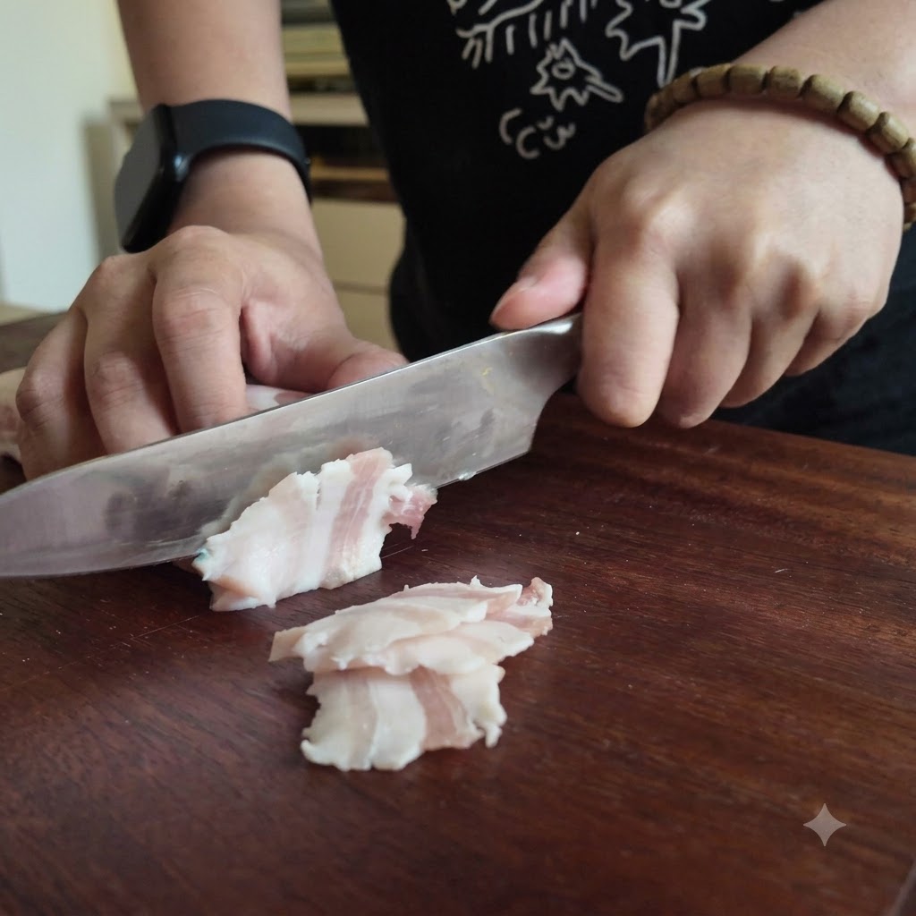 Des mains coupent de fines tranches de poitrine de porc crue sur une planche à découper en bois avec un couteau de chef.