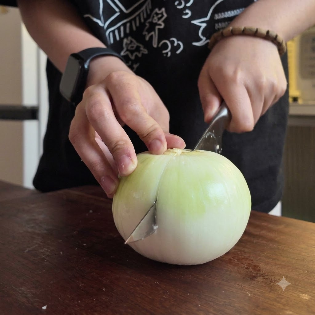 Des mains émincent un demi-oignon cru sur une planche à découper.