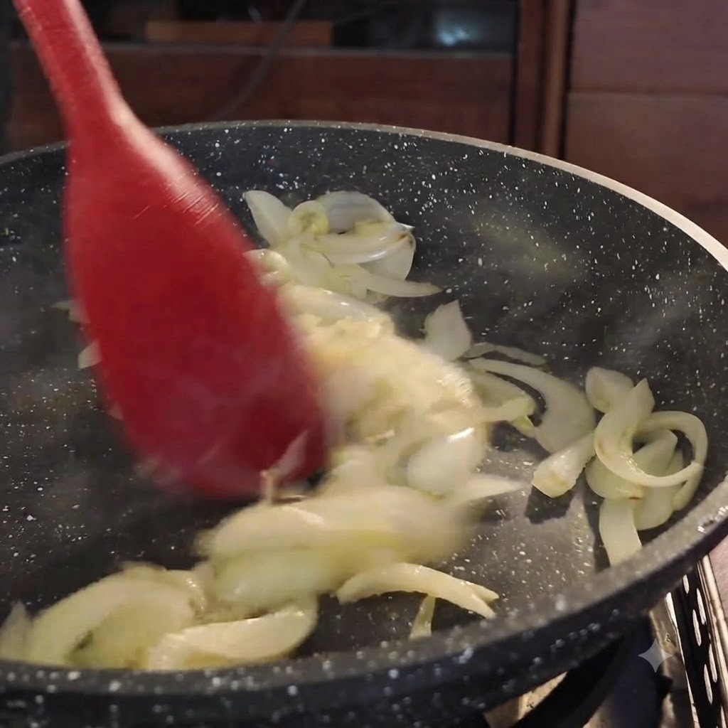 Des tranches de poitrine de porc crue sont mélangées à des oignons sautés dans une poêle à laide dun ustensile rouge.