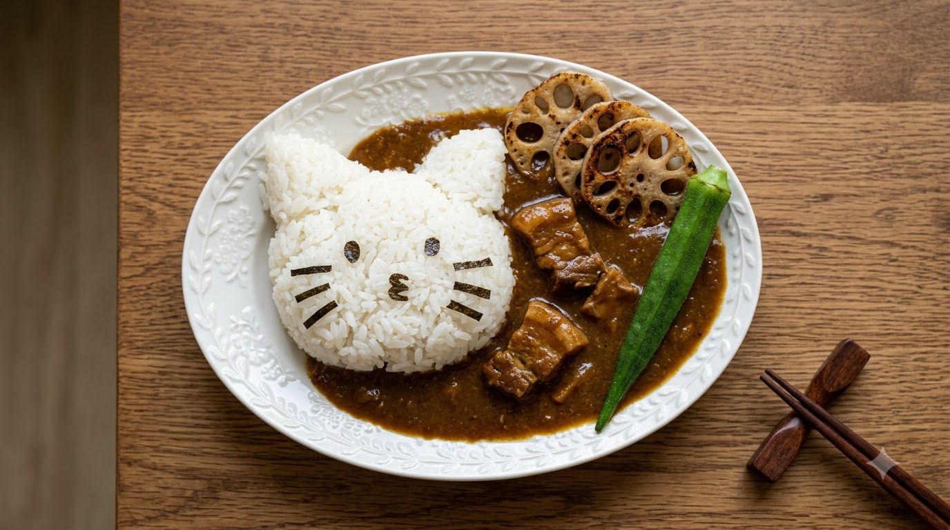 Curry de Poitrine de Porc Généreux et son Riz en Forme de Chat