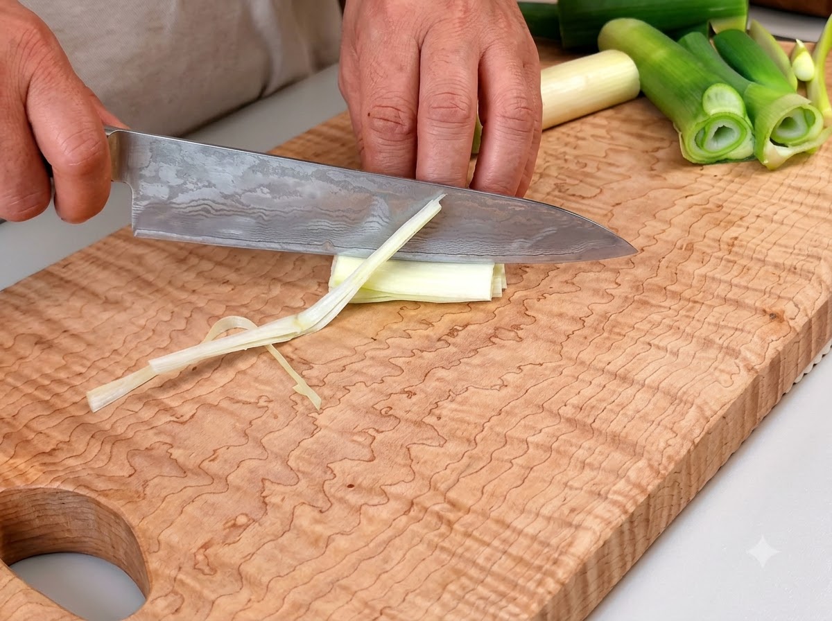 Un couteau de chef coupant un oignon blanc en fines lanières sur une planche à découper en bois.