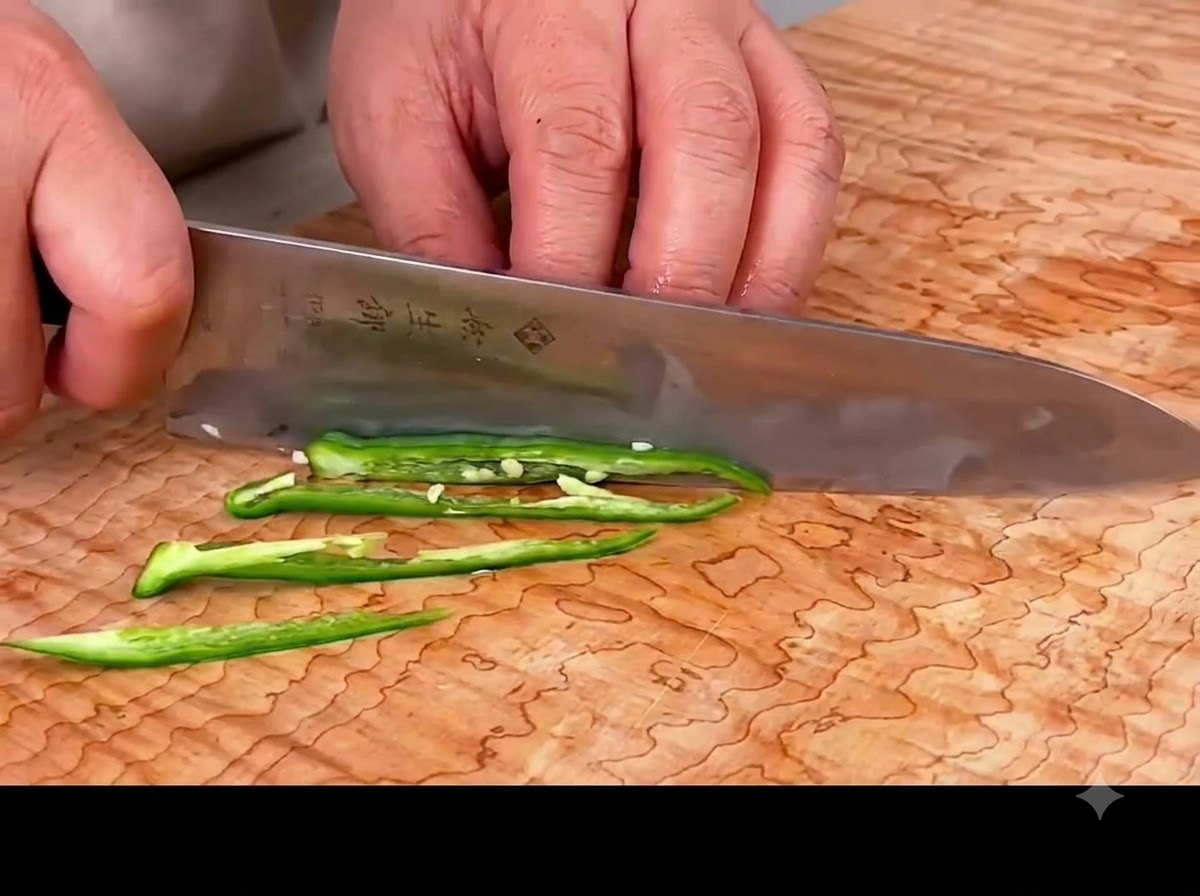 Un couteau coupant des piments verts frais en longues lanières fines sur une planche à découper en bois.