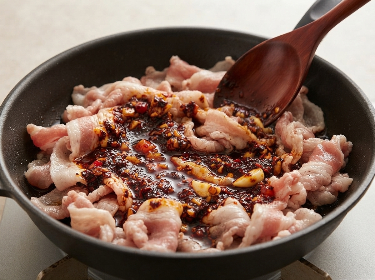 Une sauce au gochujang rouge foncé et épaisse versée à la cuillère sur des tranches de poitrine de porc partiellement cuites dans une poêle noire.