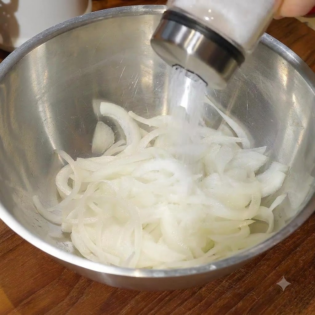 Un bol en métal rempli doignons tranchés recevant du sucre et de leau avant dêtre massés à la main.