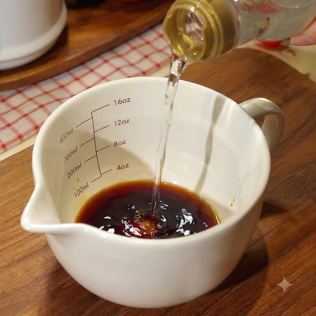 Du liquide versé dans un verre mesureur blanc contenant des ingrédients de sauce foncée.