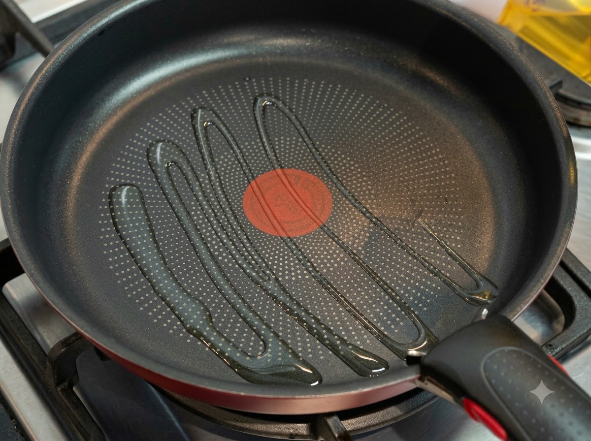 Une poêle antiadhésive sur un feu de gaz avec de lhuile de cuisson arrosée sur toute la surface.