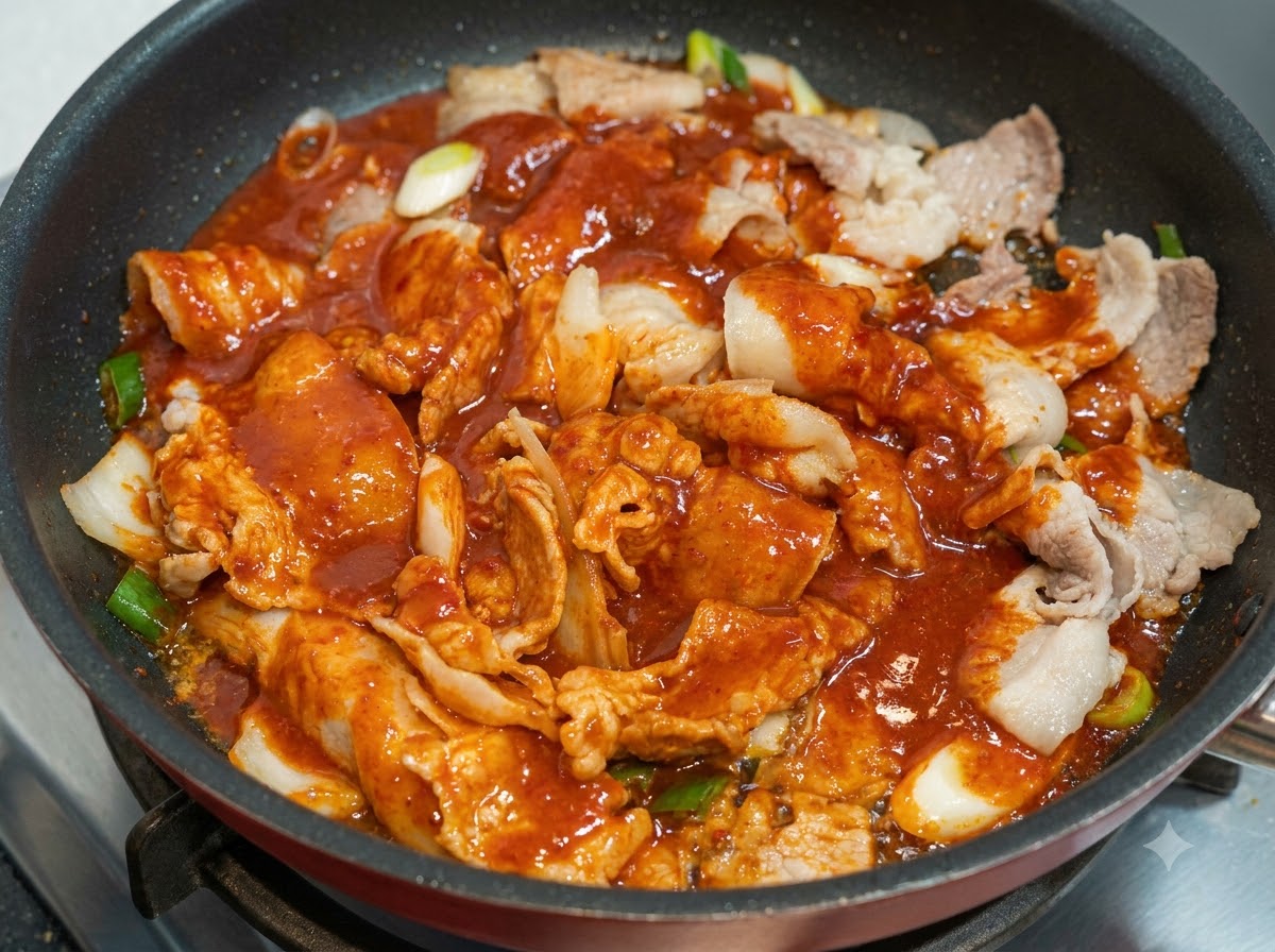 Une sauce rouge vif et épicée versée sur la poitrine de porc et les légumes en train de grésiller dans une poêle.