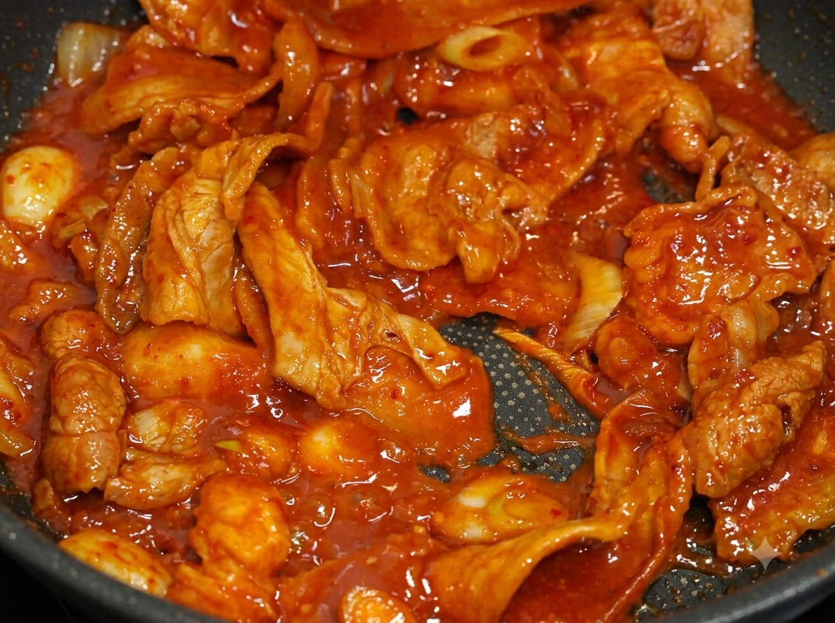 De fines tranches de porc sautées dans une poêle sombre avec une sauce au piment rouge épaisse et vibrante.