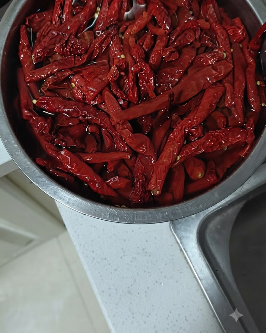 Piments rouges séchés coupés en petits morceaux sur une planche à découper en bois avec un couteau de boucher.