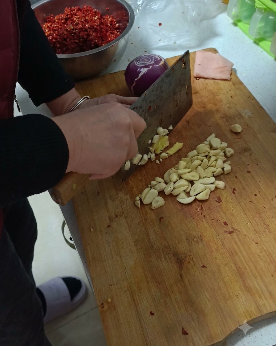 Ail, gingembre et oignon violet émincés sur une planche à découper en bois.