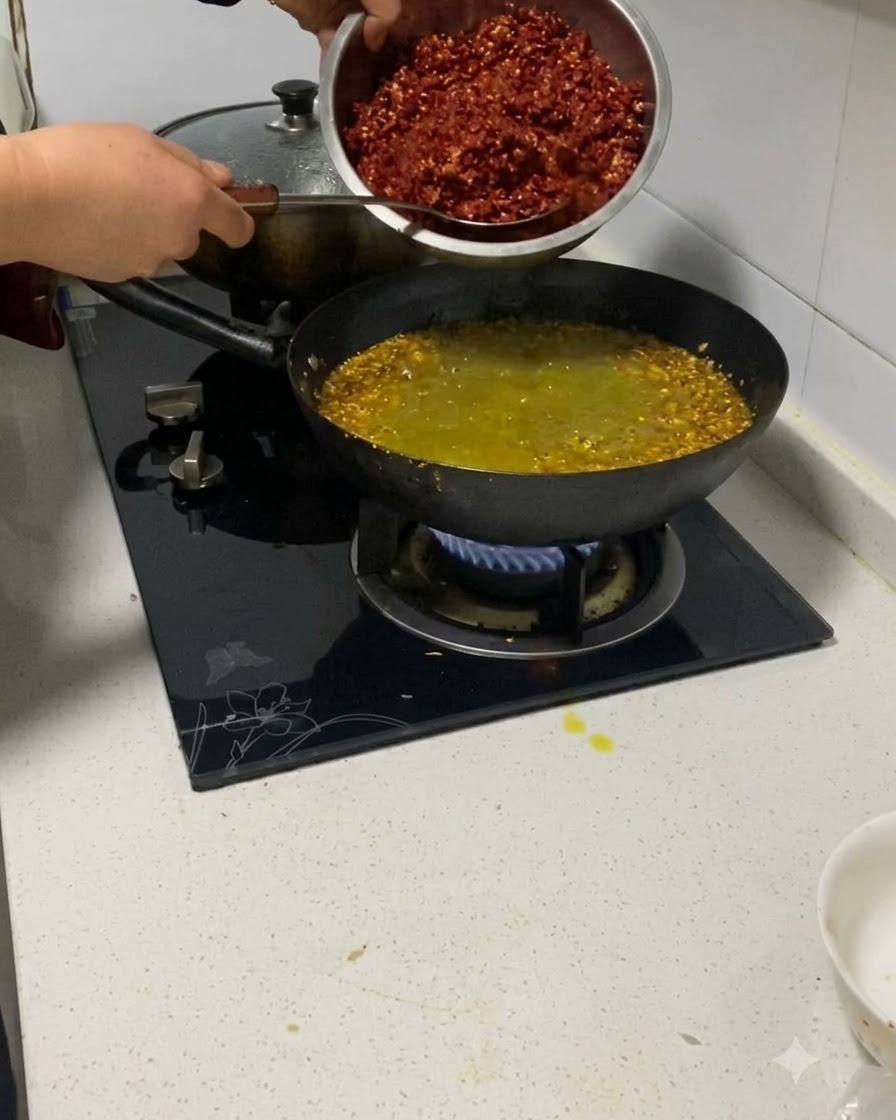 Piments rouges hachés ajoutés dun bol en métal dans un wok avec la viande et les aromates.