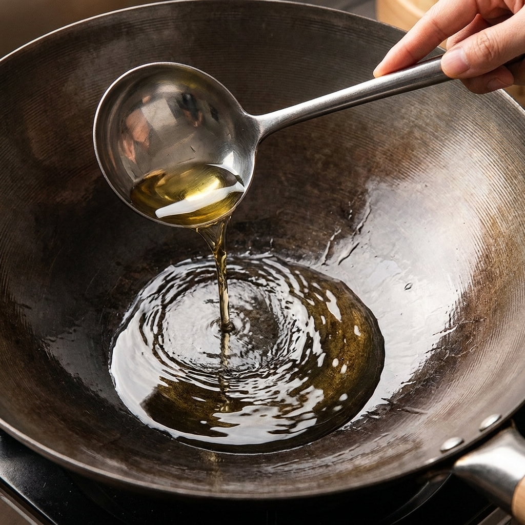 Huile de cuisson versée dune louche dans un wok chaud.
