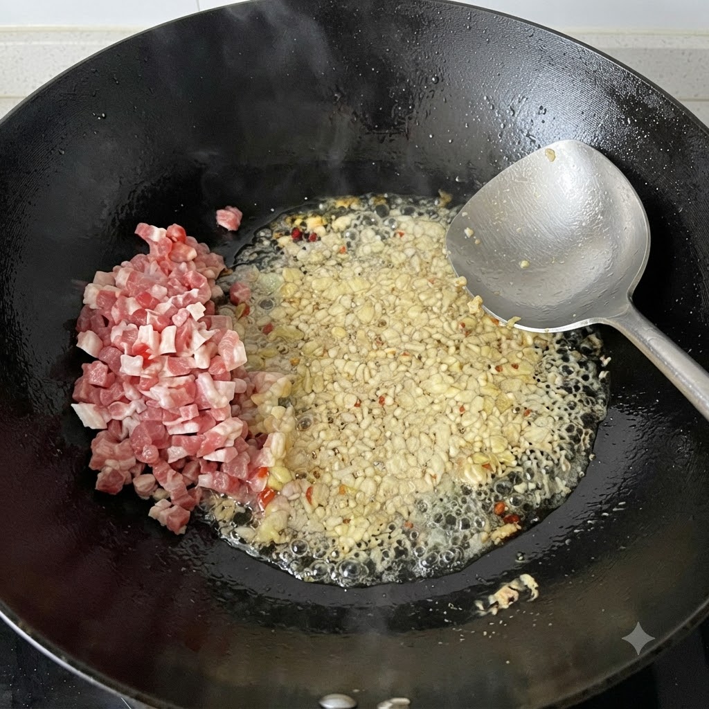 Morceaux de viande coupés en dés et mélange aromatique en train de sauter dans un wok.