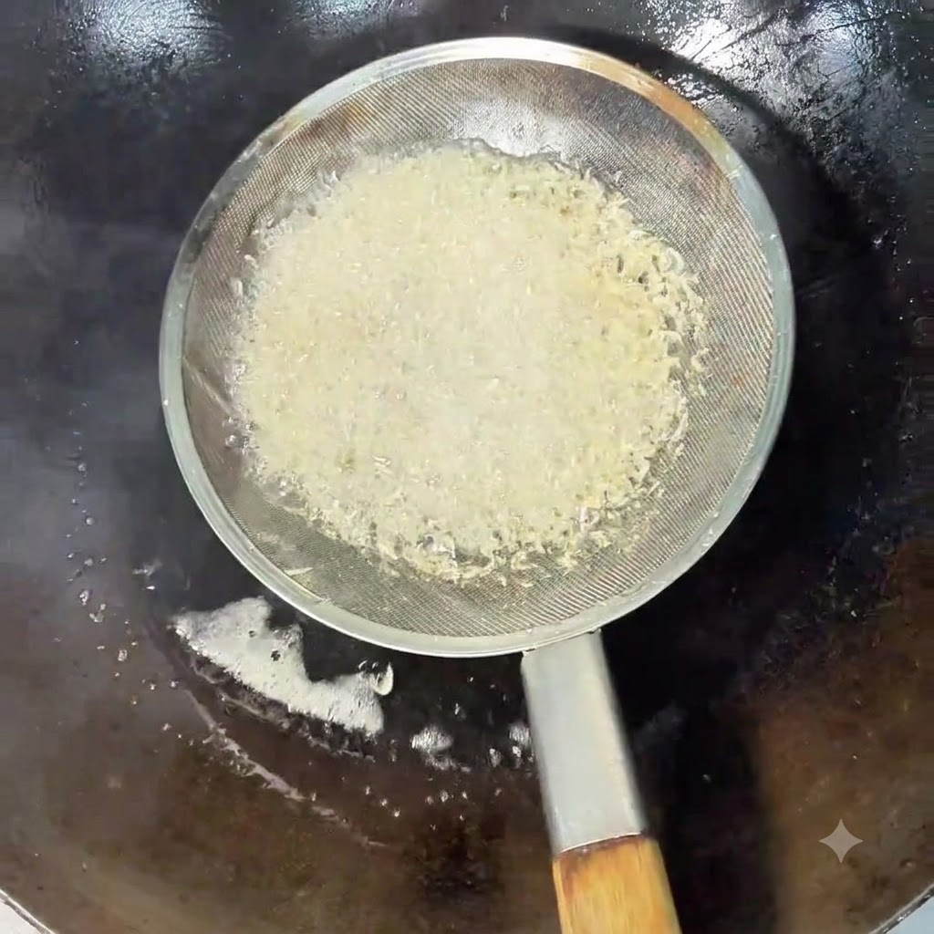 Crevettes séchées frites dans lhuile chaude à lintérieur dun panier de passoire.
