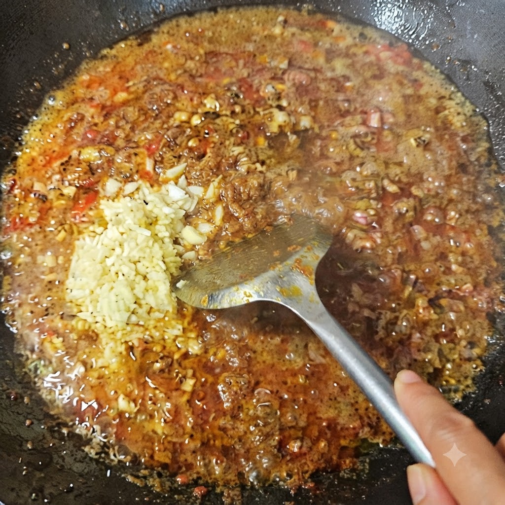 Assaisonnement de sauce foncée et aromates supplémentaires mélangés dans le contenu du wok.