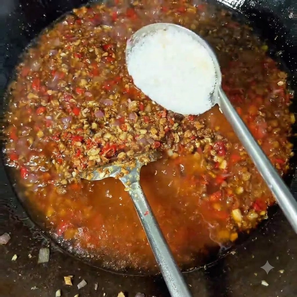 Une cuillerée de pâte blanche et de poudre de piment ajoutée dans le wok rempli dingrédients frémissants.
