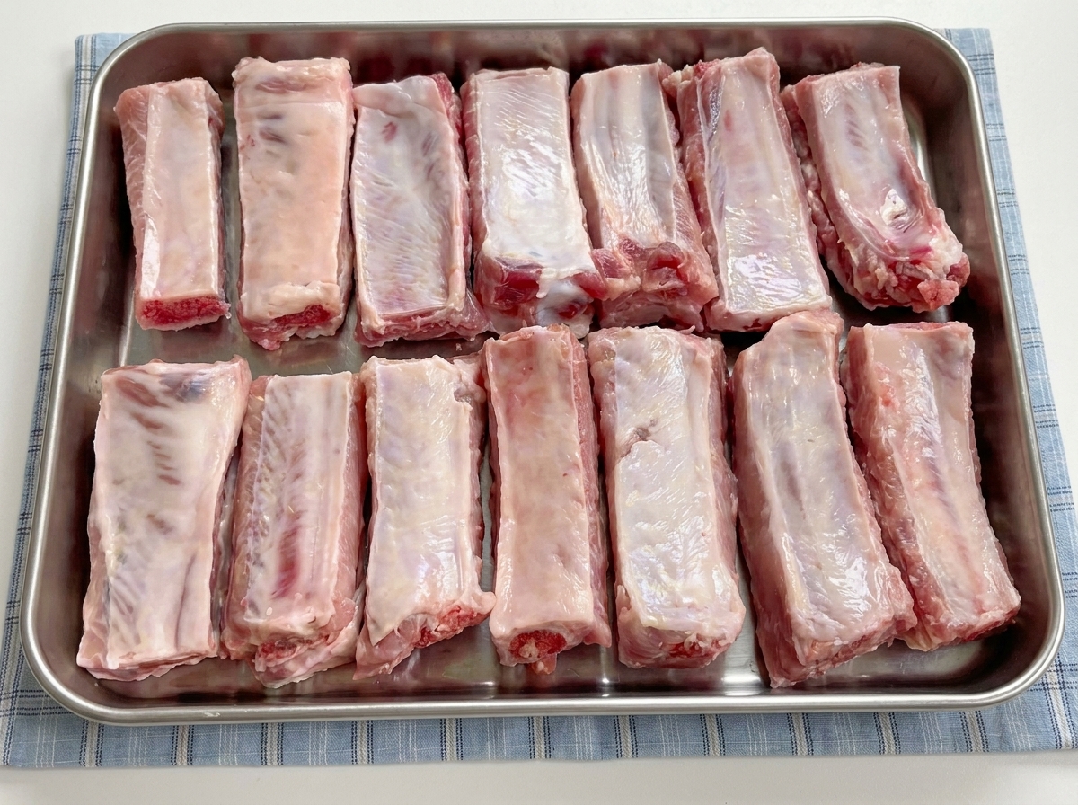 Travers de porc crus rangés bien droit dans une plaque de cuisson en métalcite: 1.