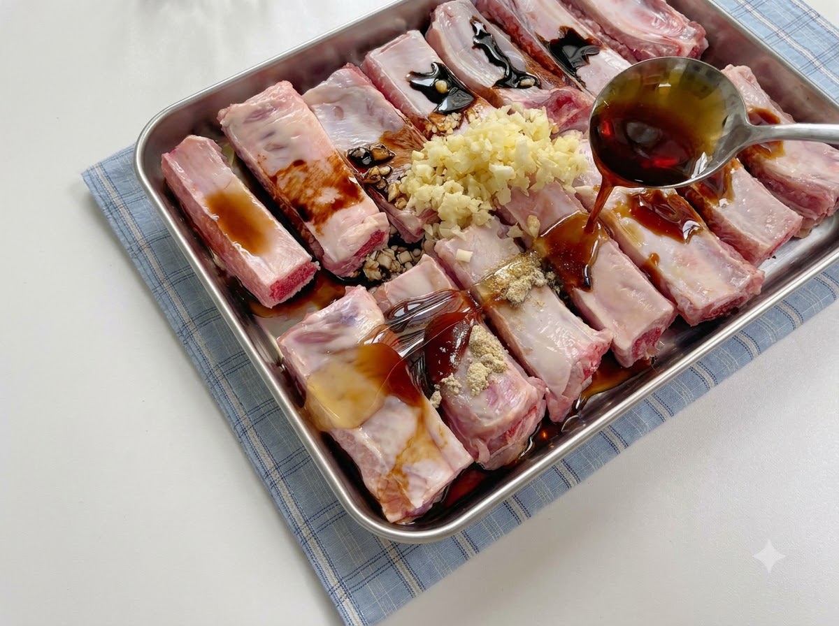 Fécule de maïs, sel et poivre saupoudrés sur les travers de porc nappés de saucecite: 1.