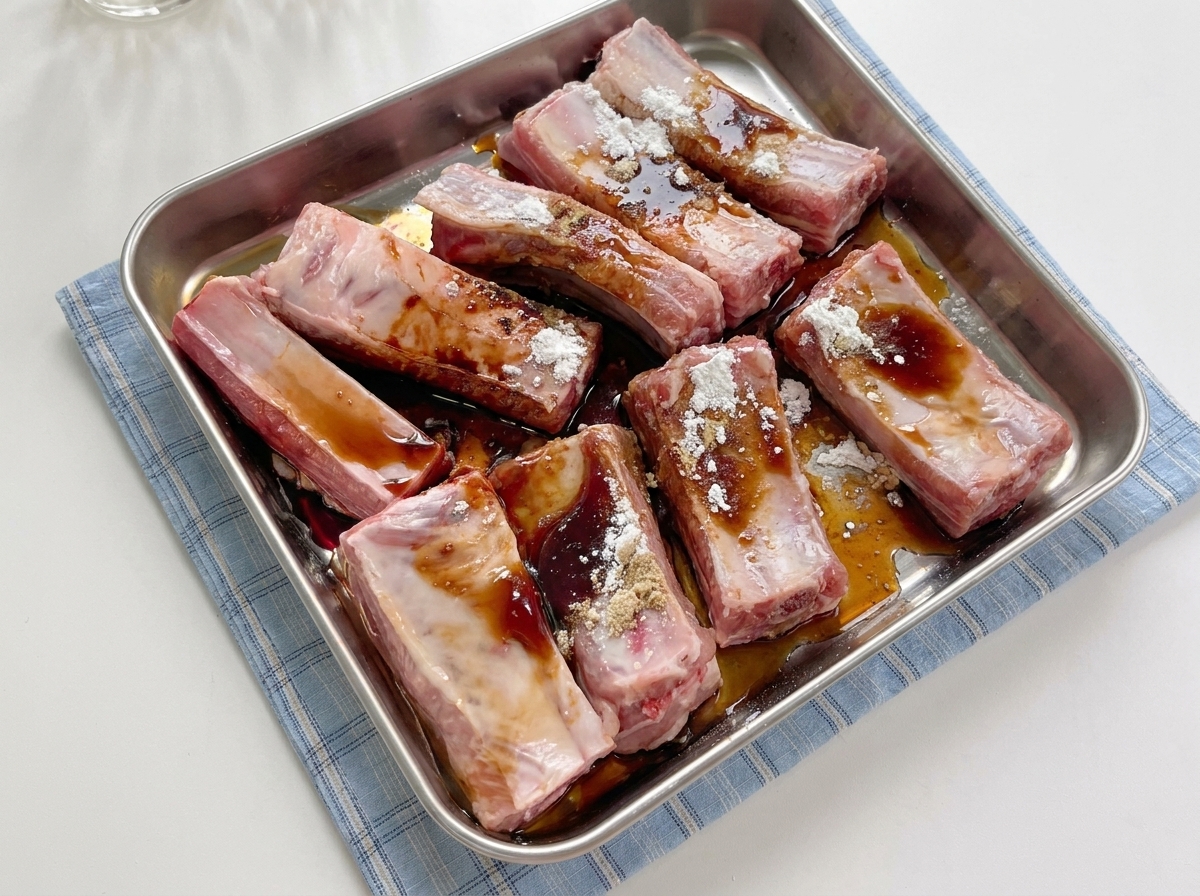 Travers de porc soigneusement enrobés de marinade et dassaisonnements dans le plat en métalcite: 1.