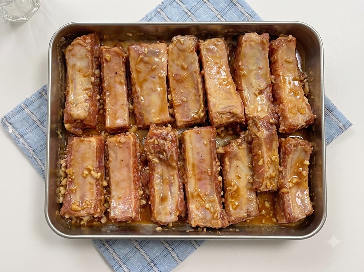 Un plat en métal de travers de porc marinés hermétiquement recouvert dune feuille de papier aluminiumcite: 1.