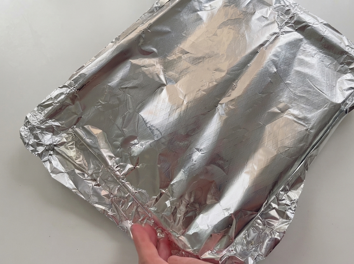Une plaque de cuisson recouverte de papier aluminium avec des travers de porc marinés en cours denfournementcite: 1.