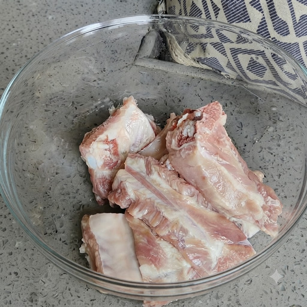 Bouteille versant du miel sur des morceaux de porc cru dans un bol transparent.