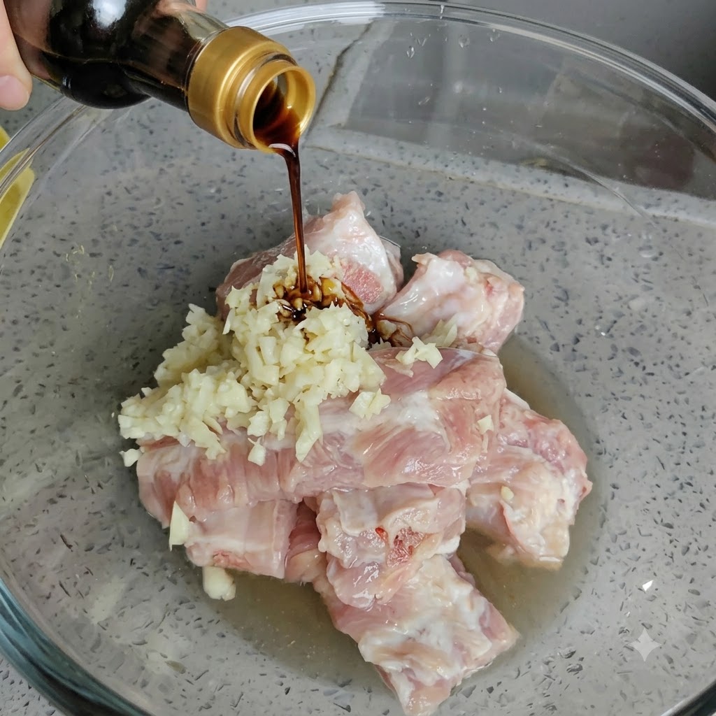 Sauce soja claire versée dune bouteille sur le mélange de porc et dail.