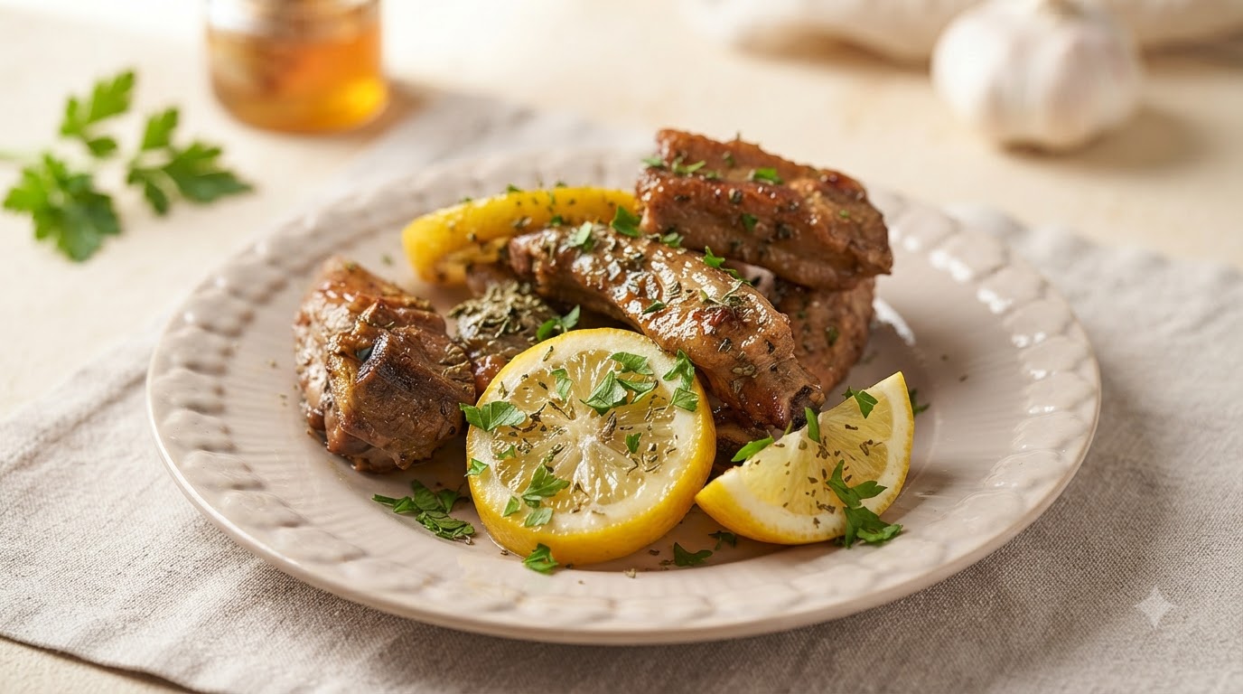 Gros plan sur des travers de porc au miel, citron et ail servis sur une assiette festonnée, garnis de tranches de citron et de persil séché.