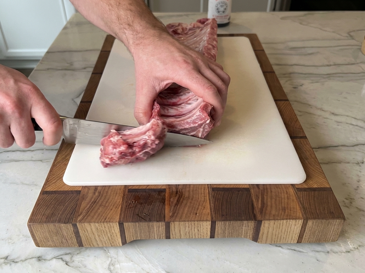 Un carré de travers de porc cru découpé en morceaux individuels avec un couteau sur une planche à découper.