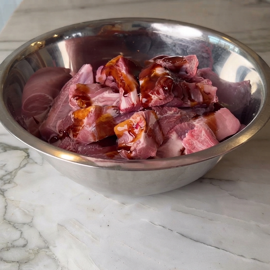 Sauce soja, sauce soja foncée et sauce huître versées sur des morceaux de porc crus dans un bol en acier inoxydable.