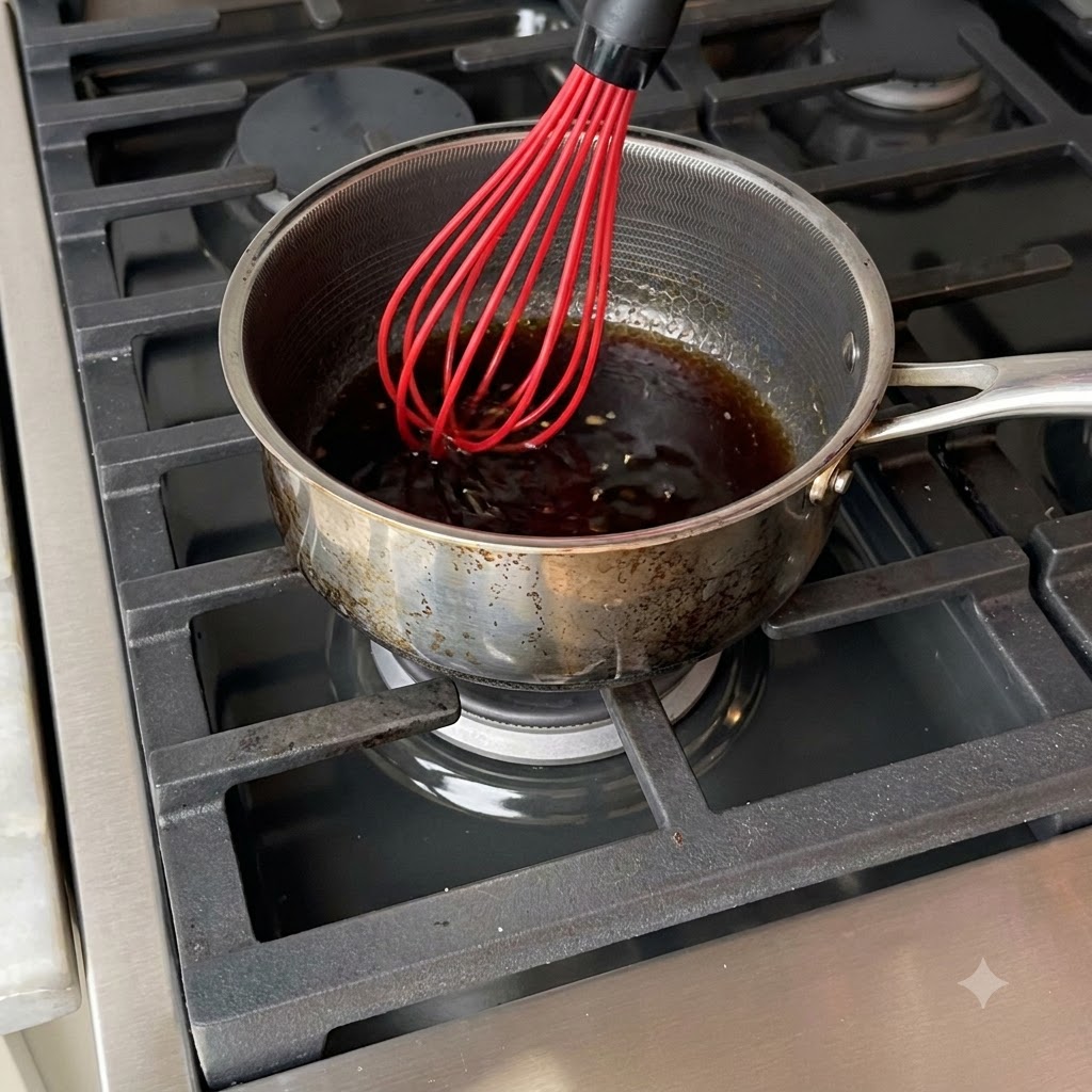 Sauce au miel et à lail avec du beurre, de lail et des flocons de piment frémissant dans une casserole sur une cuisinière.