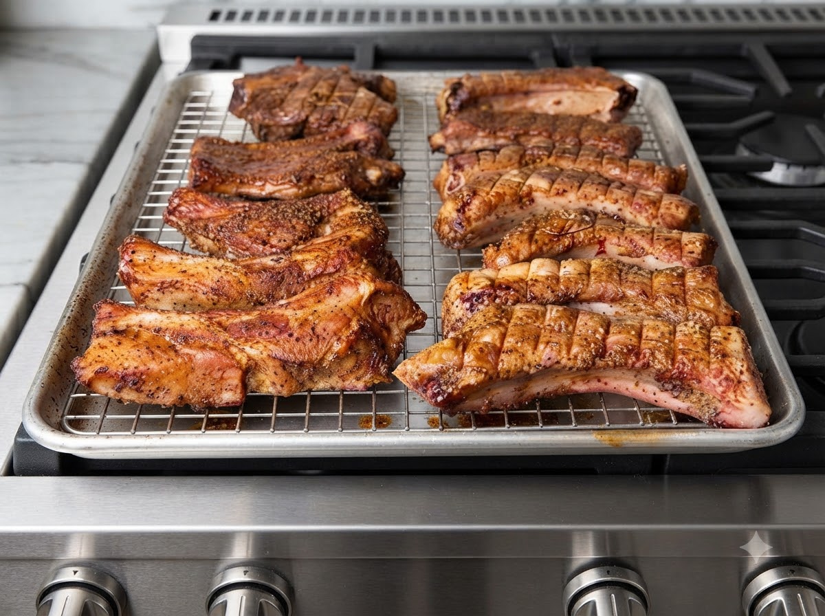 Travers de porc cuits disposés sur une grille et généreusement badigeonnés dun glaçage brun sur toute leur surface.