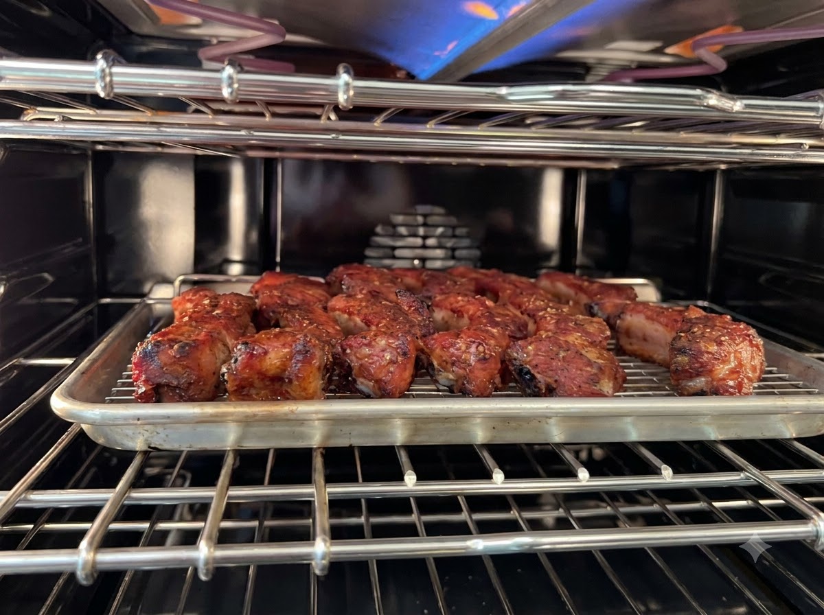Travers de porc reposant sur une grille dans un four chaud tout en étant badigeonnés de sauce.