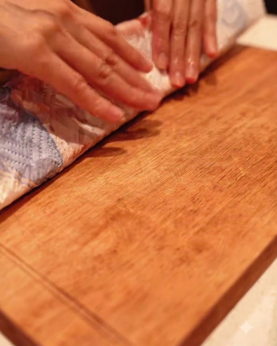 Côtes de porc en cours de préparation et de découpe sur une planche à découper en bois.