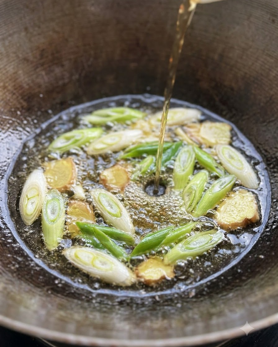 Côtes de porc bouillant dans un wok avec des tranches doignons verts et de gingembre.