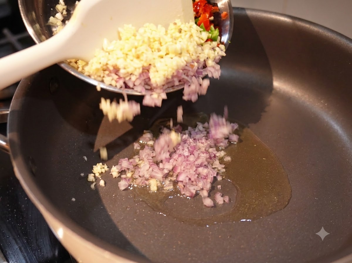 Oignons émincés, ail et piments versés dans une poêle avec de lhuile.