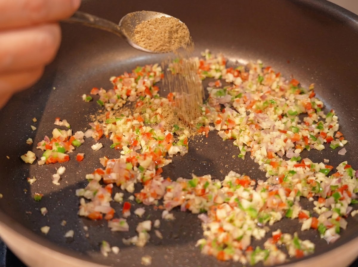 Cumin en poudre saupoudré dune cuillère sur les aromates sautés dans une poêle.