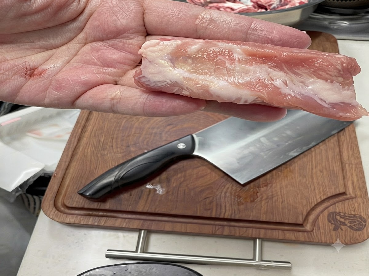 Gros plan dun morceau de côte de porc crue tenu au-dessus dune planche à découper en bois avec un couperet.