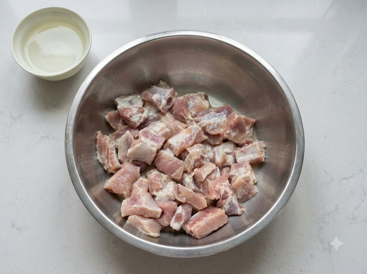 Un bol de travers de porc marinés avec un petit bol séparé de blanc dœuf placé à proximité sur un plan de travail blanc.